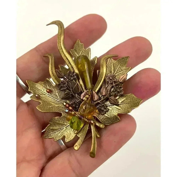 VTG Bronze Tone Maple Leave Metal Brooch Pin Beaded 90s - Picture 7 of 10